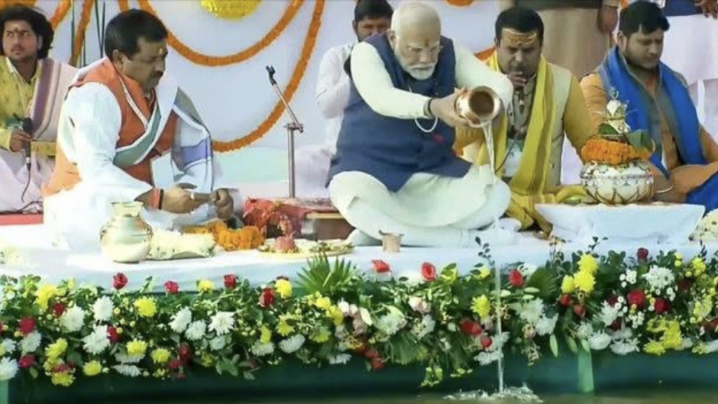 Prime Minister Narendra Modi performs pooja at Sangam in Prayagraj